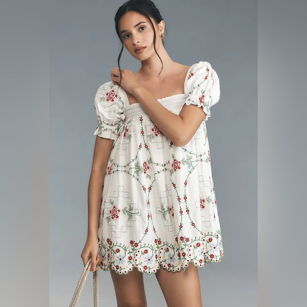 Floral Embroidered White Mini Dress